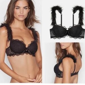 Victoria's Secret Dream Angels Lined Demi Faux Fur Strap Lace Black Bra 40DDD